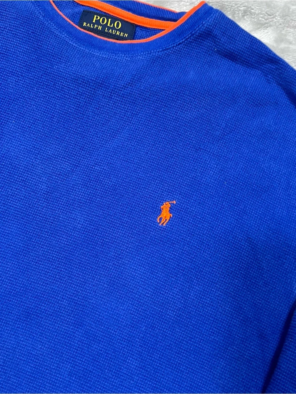 Polo Ralph Lauren Thermal L/S Shirt Mens L Blue/Orange Waffle Knit Pony Logo